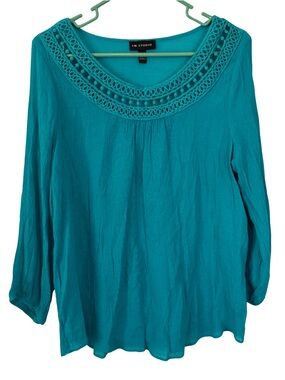 3/$20 I.N. Studio Women's Teal Crochet-Neck 3/4 Sleeve Blouse